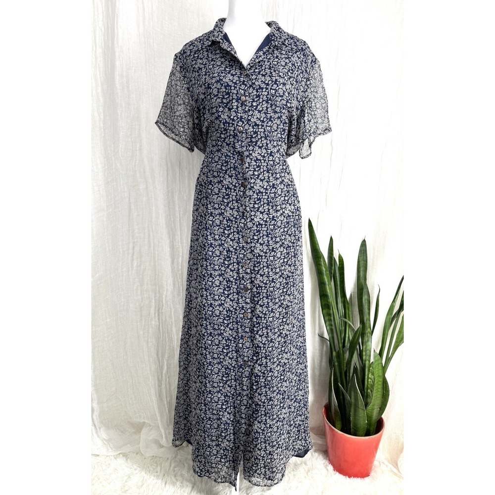 Vintage 90s Grunge Silk Maxi Shirt Dress Ditsy Floral Size 14 Cottage Button Tie